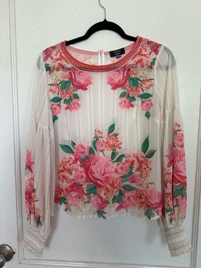 VICI Peony-Print Pleated Long-Sleeve Blouse in Pink and Cream